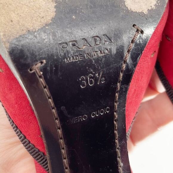 Vintage Prada Red Suede Tweed Bow Detail Pointed Toe Slide Heel Mule IT 36.5 - Picture 11 of 11